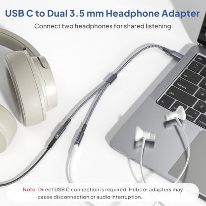 Elebase USB C Headphone Splitter 0.9FT,Type C to Dual 3.5mm Audio Adapter | USBC to 2 Way Aux Female Headphone Jack Compatible with iPhone 17 17e 16 16e 15,Galaxy S26 S25 S24,iPad Pro 10,Pixel 10 9 - size: USB C to Dual 3.5mm, style: Grey
