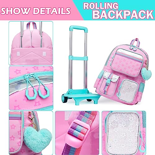 Meetbelify Pink Backpack with Wheels for Kids - Cute Carry On with Lunch Box & Pencil Case for Elementary Students - Travel Suitcase for Girls 8-10 - color: Star Pink