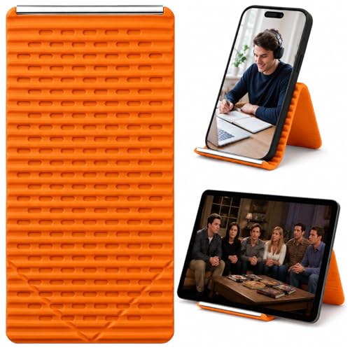 2026 Portable Foldable Silicone Cell Phone Stand, Flexible Folding Aluminum Phone Holder for Phone, Tablet and Laptop, Adjustable Universal Anti-Slip Desktop Mount for Home, Office and Travel (Orange) - color: Orange