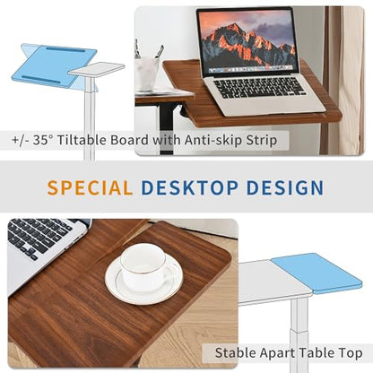 Adjustable Overbed Bedside Table with Hidden Wheels, Pneumatic Tilt Board Rolling Laptop Standing Desk Cart, Mobile Over Bed Sofa Chair Side End Tables, Walnut (Walnut) - color: Walnut