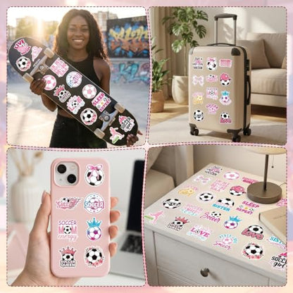Pink Soccer Stickers for Women - 100 Pcs Cute Soccer Vinyl Sticker Decals, Sports Decals for Laptop Water Bottle Phone Case Notebook Skateboard Helmet Luggage Gift - style: Soccer