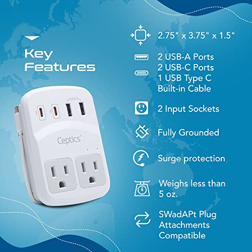 Ceptics World Travel Adapter Kit 2 USB-A, USB-C US Outlets, 20W/QC 18W Power Delivery, Surge Protection, SWADAPT Compatible for Europe, UK, China, Australia, Japan Perfect Laptop (WPS-5B) - color: white