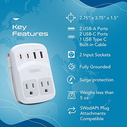 Ceptics World Travel Adapter Kit 2 USB-A, USB-C US Outlets, 20W/QC 18W Power Delivery, Surge Protection, SWADAPT Compatible for Europe, UK, China, Australia, Japan Perfect Laptop (WPS-5B) - color: white