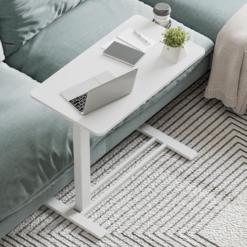 32''Large Medical Overbed Bedside Table with Wheels,Rolling Table | 31.5''x17.7'' White Table Top + White Edging Wood Grain Pneumatic Tilting Desktop,Overbed Table for Hospital Use - color: White+white, size: Large
