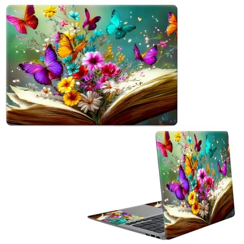 Laptop Skin Sticker Decal, Universal Protective Cover Fit 12 13 14 15.6 Inch Notebook, Reusable Water-Resistant Vinyl Decal w/ 2 Wrist Pads for Business Travel, Books Flowers Butterflies - color: Books Flowers Butterflies