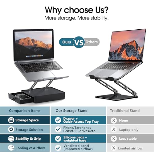 Laptop Stand with Storage Drawer, Heavy-Duty Metal Laptop Riser for Desk, Ergonomic Height & Angle Adjustment for 10–16.2″ Laptops, Gray - color: Gray