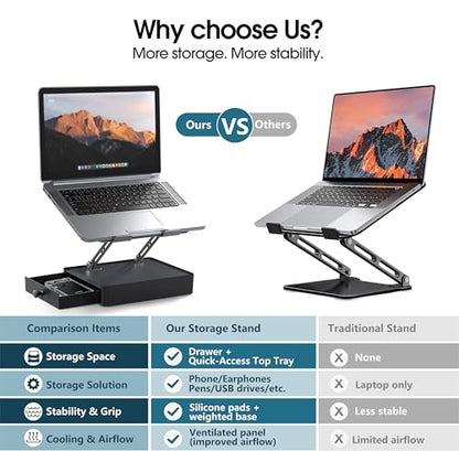 Laptop Stand with Storage Drawer, Heavy-Duty Metal Laptop Riser for Desk, Ergonomic Height & Angle Adjustment for 10–16.2″ Laptops, Gray - color: Gray
