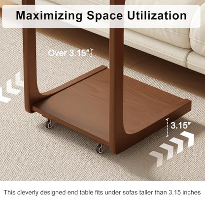AQIMUELE Wooden C-Shaped End Table,Couch Table with Adjustable Desktop,Small Rolling Side Table with 2 Lockable Wheels,Small End Table for Couch, Living Room,Bedroom (Walnut) - color: Walnut, size: 15.6"D x 15.7"W x 24.8"H, style: Modern 2 Tier