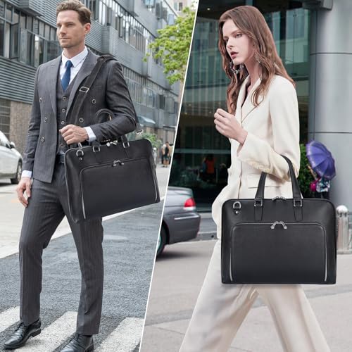 Masa Kawa Black Leather Slim Briefcase for Men Women Fits 15.6-16 Inch Laptop Professional Business Messenger Crossbody Shouder Bag Lawyer Ladies Office Work Brief Attche Case, Large