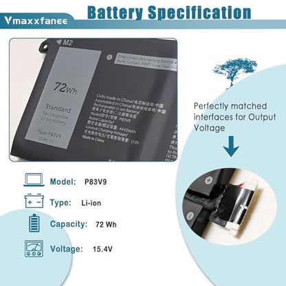 72Wh P83V9 Laptop Battery Replacement for Dell Precision 5480 5490 5470 Series Notebook YXP8T 0CDTT2 CDTT2 Black 15.4V 4442mAh - size: 10.62*3.37*0.26 inch P83V9