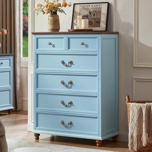 Joaxswe Farmhouse 6 Drawer Dresser for Bedroom, 42" Tall Rustic Chests of Drawers w/ 4 Solid Wood Feet, Mid Century Modern Wooden Closet Storage Dressers Organizer for Living Room, Hallway,Light Blue - color: Light Blue, size: 15.7"D x 31.5"W x 42.3"H (6