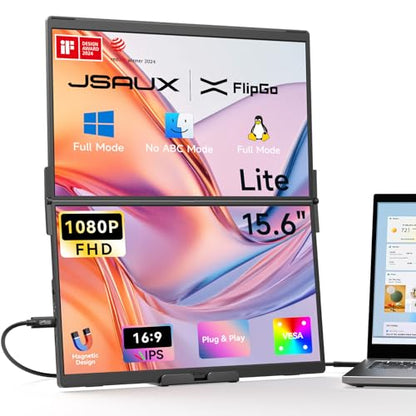JSAUX FlipGo Lite 15.6" Portable Dual Stacked Monitor, 1080P FHD IPS | One-cable triple-monitor setup with magnetic design and built-in hub; no driver required for Windows and Linux laptops - size: 15.6", style: FlipGo Lite