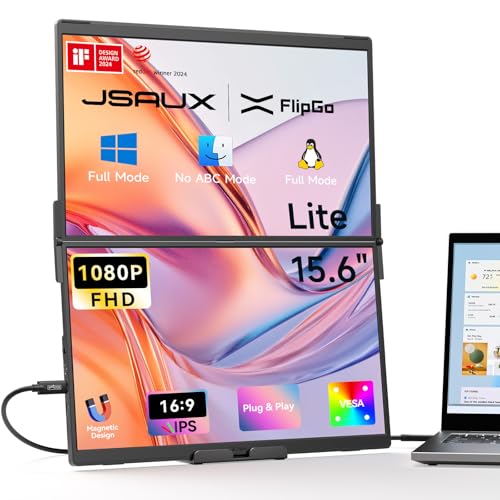 JSAUX FlipGo Lite 15.6" Portable Dual Stacked Monitor, 1080P FHD IPS | One-cable triple-monitor setup with magnetic design and built-in hub; no driver required for Windows and Linux laptops - size: 15.6", style: FlipGo Lite