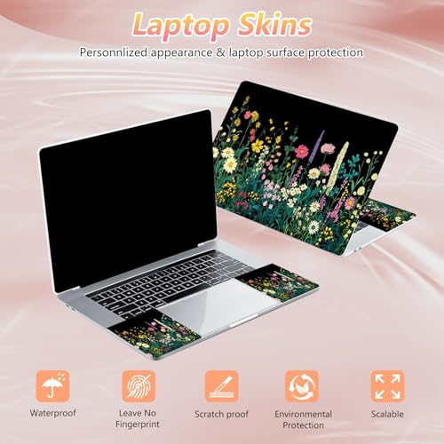 Laptop Skin Sticker Decal 12" 13" 13.3" 14" 15" 15.6",Waterproof Scratch Resistant Vinyl,Reusable Easy to Apply,for MacBook HP Dell Notebooks Netbooks Laptop,2 Wrist Pads,Black Wildflower - color: Black Wildflower