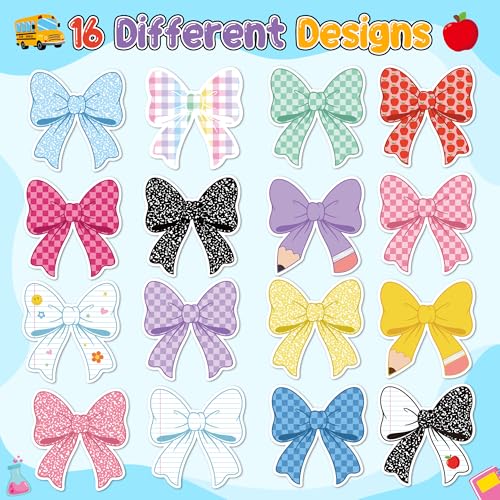 Back School Bow Stickers - 16 Design Waterproof Vinyl Self Adhesive Decals with Cute Ribbon Pattern for Laptop Notebook Scrapbook Water Bottle Classroom Door Teacher Reward Chart Party Favor - style: Back To School Bow
