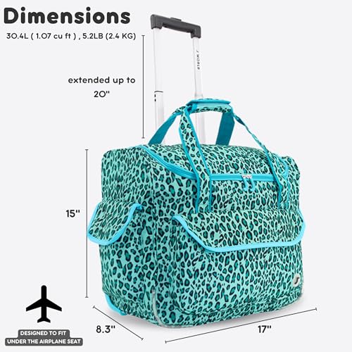 J World Donna Rolling Tote Bag on Wheels for Women. Roller Laptop Briefcase. Overnight Weekender Teachers Work, Mint Leopard - color: Mint Leopard