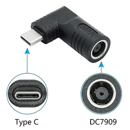 Right Angle DC 7909 to USB C Connector Adapter, 90 Degree PD 65W DC 7.9mm x 0.9mm to USB Type C Male Plug Power Charge Adapter for Laptop, Phone - Black - style: DC 7909 to USB Type c