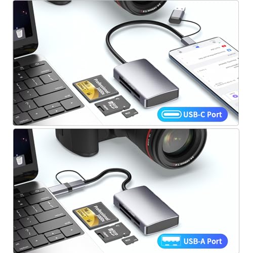 6-in-1 CF/SD/TF Card Reader with Dual USB-C Hub - USB 3.0 Card Reader Adapter for Computer/Android/Micro SD/, Memory Stick Pro Duo Adapter, 5Gbps High-Speed Data Transfer