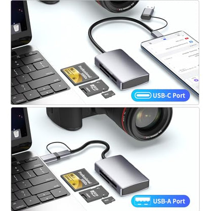 6-in-1 CF/SD/TF Card Reader with Dual USB-C Hub - USB 3.0 Card Reader Adapter for Computer/Android/Micro SD/, Memory Stick Pro Duo Adapter, 5Gbps High-Speed Data Transfer