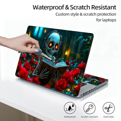 Universal Laptop Skin Sticker Decal, 12"-15.6" Aesthetic Vinyl Wrap, Skeleton Reading Book in Roses Waterproof Notebook Cover Art Protector for MacBook HP Dell Lenovo, Fits 13" 14" 15" 15.6" - color: Skeleton Reading Book in Roses