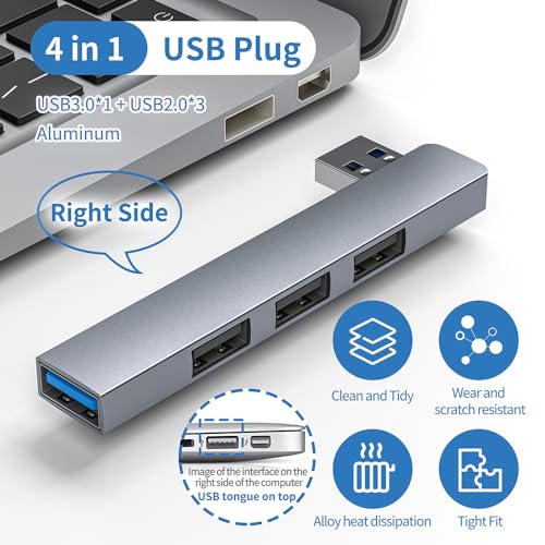 USB 3.0 Hub Aluminum USB Expander 4-Ports USB Extender/Splitter Data Hub for Laptop Space Grey (Right Side)