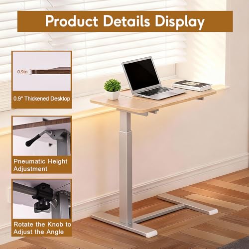 Pneumatic Overbed Table with Wheels, Height Adjustable Bedside Table with Ultra-Low Base for Hospital & Home, Rolling Laptop Cart with Beige Finish - color: Beige