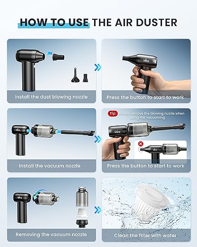 iDOO Compressed Air Duster, Cordless Electric Canned Duster, Portable Vacuum, 3 Gear Mini Portable Jet Dry Air Blower, for Gaming Pc, Keyboard, Car Cleaning, Outdoors-Dust Blowing & Vacuuming(Black)