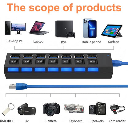 USB 3.0 Hub with Individual On/Off LED Switches, 1 USB 3.0 and 6 USB 2.0 Ports Hub Splitter with 0.52m/20.5'' Cable, Portable USB Adapter USB Extender for Data Transfer and Charging, Black