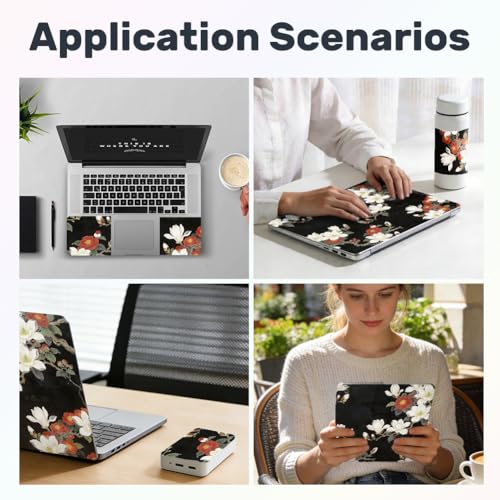 3Pcs Magnolia Flowers Laptop Skin Sticker Plants Universal Removable Vinyl Stickers Fits for 12.1 13 14 15.6 16 Inch Waterproof Notebook Decal Cover Gift for Woman - color: Black White and Red