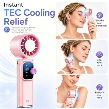 Portable Handheld Fan with Ice Cooling, Personal Rechargeable Fan 20000RPM,199-Speed Mini Neck Fan with 4000mAh Battery Powered up to 15hrs with LED Display for Travel, Camping & Outdoor, Pink - color: Pink