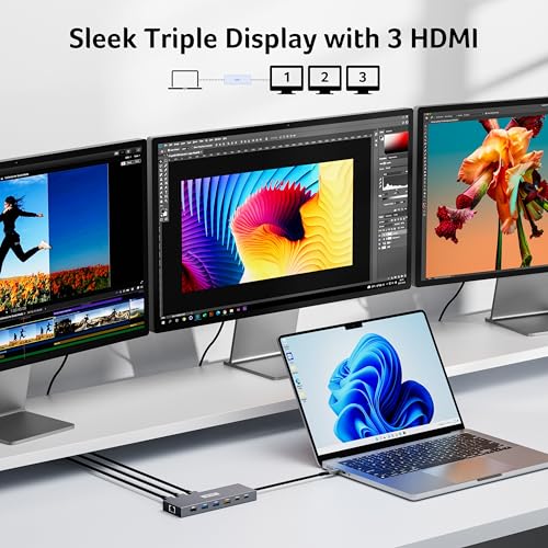 Acer Docking Station 3 Monitors with 3 HDMI, 13-in-1 USB C Hub for Laptop with 4K@60Hz HDMI, 1 Gbps Ethernet, 10Gbps Data, 100W PD, SD/TF, Laptop Dock for Acer, XPS, Spectre, Surface, Mac