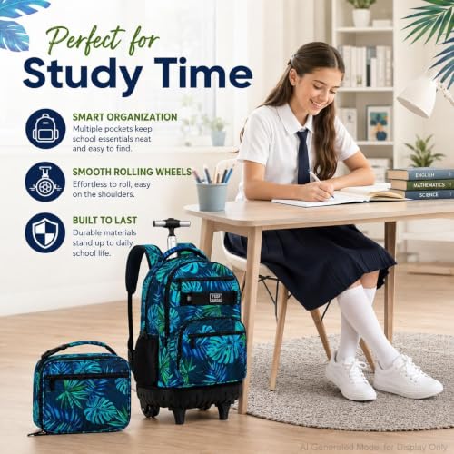 3Pcs Rolling Backpack for Boys Men, Travel Roller Backpacks with Wheels for Adults, Teens College Leaf Wheeled Bookbag with Lunch Box(Green) - color: Green Leaf
