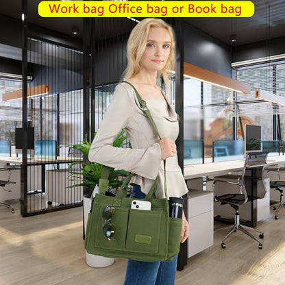 ZHMO Canvas Tote Bag for Women,Women's Bags Crossbody Bags Work Laptop Tote Bag Large Handbags Purse for Travel Nurse Teacher - color: New Upgrade Army Green With Compartments and Side Cup Holders