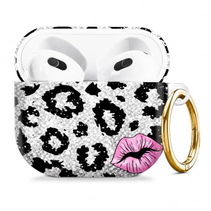 Compatible with AirPod 4 Case 2024, Cute Hard Plastic Protective Cover for Airpod 4th Generation Women, Shockproof Shell Skin with Gold Ring Keychain,Black Leopard Pink Lips - color: Black Leopard Pink Lips