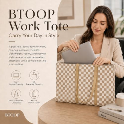 BTOOP Work Tote Bag for Women, Laptop Tote Bag With 15.6 Inch Padded Compartment, Teacher Nurse Bible Bags - color: B-checkered Brown