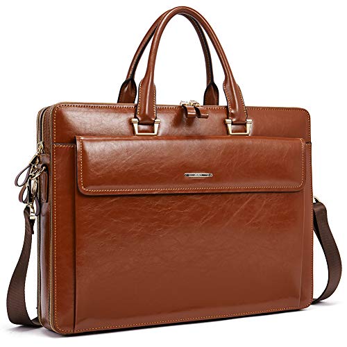CLUCI Briefcase for Women Oil Wax Leather Business 15.6 Inch Laptop Handbag Vintage Slim Large Shoulder Work Bag | Oil Wax Leather - color: Oil Wax Brown