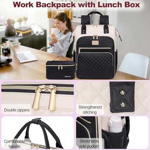 Otevan 15.6 Inch Laptop Backpack for Women, Work Backpack with Lunchbox, Insulated Backpack Cooler, Teacher Nurse Travel Backpack for Women, Beige/Black, 24009 - color: Beige/Black