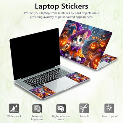 Laptop Skin Sticker Decal, Universal Reusable Vinyl Laptop Cover for 12" 13" 13.3" 14" 15" 15.4" 15.6" Notebook PC, Reusable Waterproof Scratch-Resistant with 2 Wrist Pads,Cat Magic Halloween - color: Cat Magic Halloween
