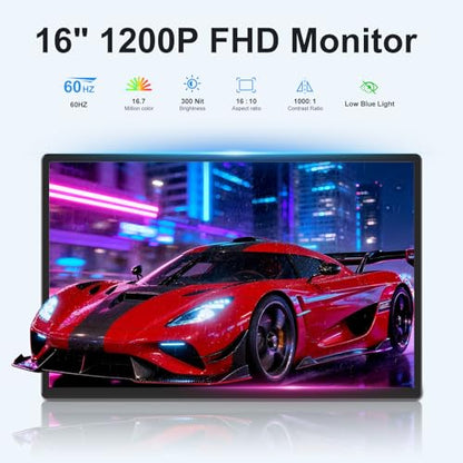 Portable Monitor 16" 1200P FHD Laptop Screen Extender, Horizontal Vertical Monitors with Detachable Kickstand, Built-in Speakers, Plug & Play Computer Gaming Travel Monitor for Wins Mac Chrome Phone - style: 16" Monitor-N3
