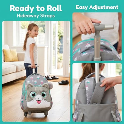 Kids Fluffy Cat Rolling Backpack for Girls, Bookbag Wheeled Gray | Trolley Suitcases Luggage, Travel with Wheels, 3PCS Roller Backpacks Set, Toddler School Bags, Elementary Back Pack - color: Gray-0121-maomi