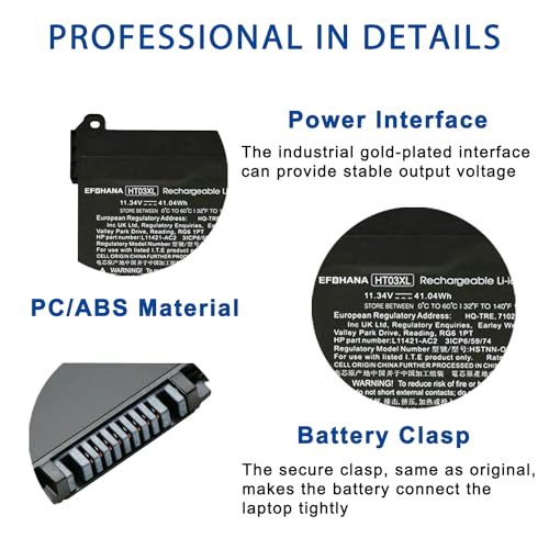 HT03XL L11119-855 Laptop Battery Replacement for HP Pavilion 14-DF 14-CE 14-CF 15-DA 15-DB 15-CS 15-DW 17-CA 17-by 15-CS0053CL 15-DW0033NR 15-DA0014DX L11421-542 L11421-2C2 11.4V 41.04Wh - size: 8.82×3.15×0.25 in HT03XL
