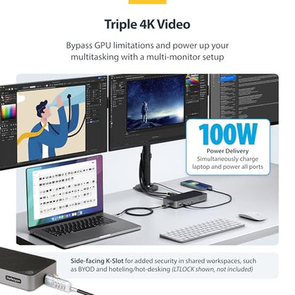 StarTech Universal USB-C Triple 4K Dock, MacBook Pro Air & Windows, HDMI DP | Windows macOS ChromeOS Ubuntu, Intel Apple Silicon AMD Snapdragon X, Single USB-C port, 100W laptop charging