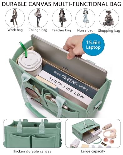 Canvas Tote Bag for Women,Women's Bags Crossbody Bags Work Laptop Tote Bag Large Handbags Purse for Travel Nurse Teacher - color: Green With Compartments