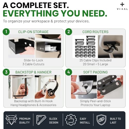 VI+AL Under Desk Laptop Mount - Hidden Metal Shelf with Side Storage, Hook & Cable Organizer - Installs with Tape & Screws - Fits Devices up to 1.7" Thick - Deluxe - style: Deluxe
