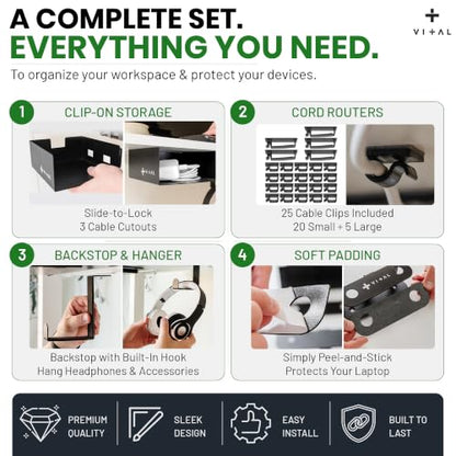 VI+AL Under Desk Laptop Mount - Hidden Metal Shelf with Side Storage, Hook & Cable Organizer - Installs with Tape & Screws - Fits Devices up to 1.7" Thick - Deluxe - style: Deluxe