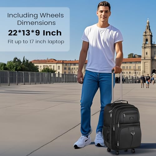 MATEIN Rolling Backpack with 4 Wheels, 17 inch Spinner Backpack for Men | Water Resisatnt Large Busines Travel Wheeled Bag, Airline Approved Roller Carry on Luggage Suitcase Bag, Black - color: Black, size: 17 inch