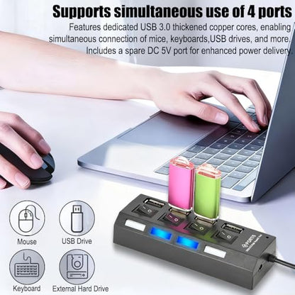 4-Port USB Hub with LED Indicators, 3.0 High-Speed Ports & 7.0 Ports, 5V Powered, Independent Switching for Keyboards, Mice, and Memory Cards, Compact Design for Computer Peripherals
