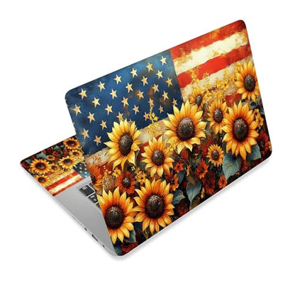 Universal Laptop Skin Sticker Decal,15.6 Inch Laptop Vinyl Cover for 13" 14" 15.6" Laptop,Scratch-Resistant Waterproof Protector Wrap,Reusable with Wrist Pads,Sunflower Field American Flag - color: Sunflower Field American Flag