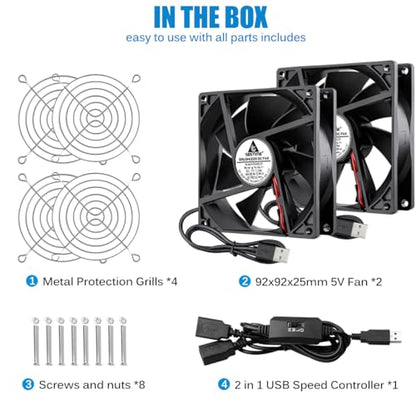 GDSTIME Dual 92mm USB Cooling Fan 5V w/Speed Control DC Brushless Case Fan | L/M/H Adjustable, 92x92x25mm, 9225, for Terrarium, Receiver, DVR, PlayStation, Xbox, Computer Cabinet Cooling - size: 92x25mm