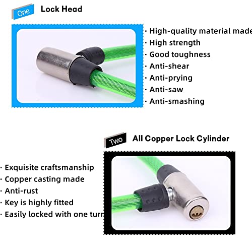 Green Anti Theft Bike Cable Lock with 2 Keys, 24.4" x 0.47"(L x Dia) | High Security Cable Lock Coiled Bike Lock for Outdoor Equipment, Bicycles, Scooters, Fence, Gate